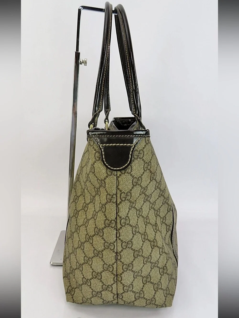 Gucci Beige GG Canvas Tote with Brown Leather Trim